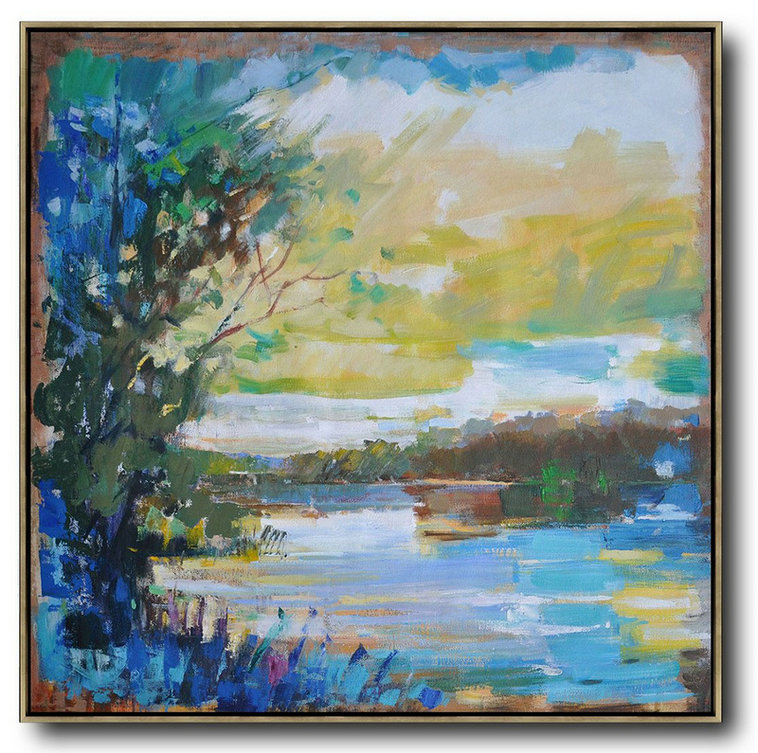 Abstract Landscape Oil Painting,Hand Painted Acrylic Painting Yellow,White,Dark Green,Blue